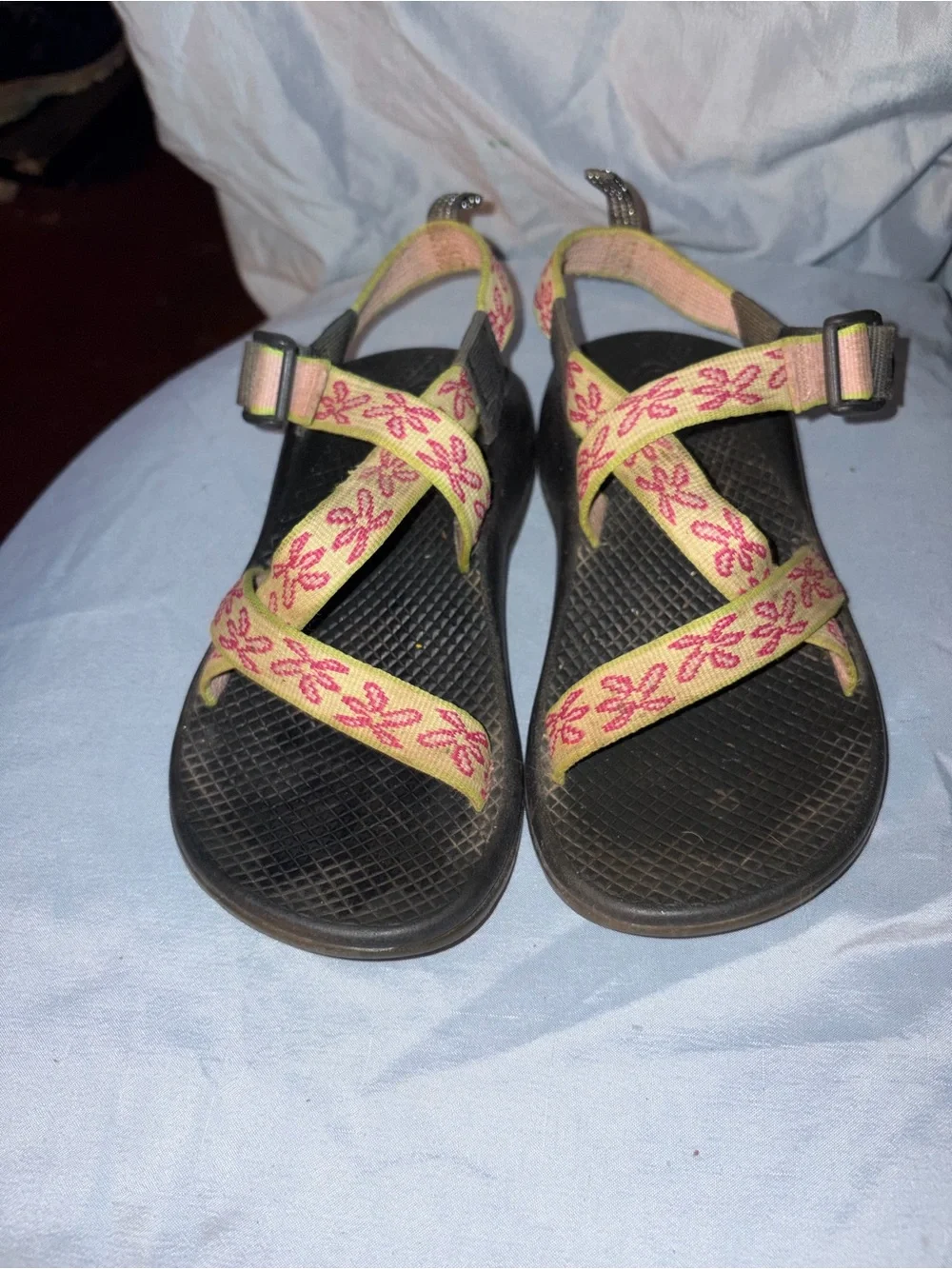 Chaco Women’s Sandals with Pink Floral Straps and Black Footbed size 5
